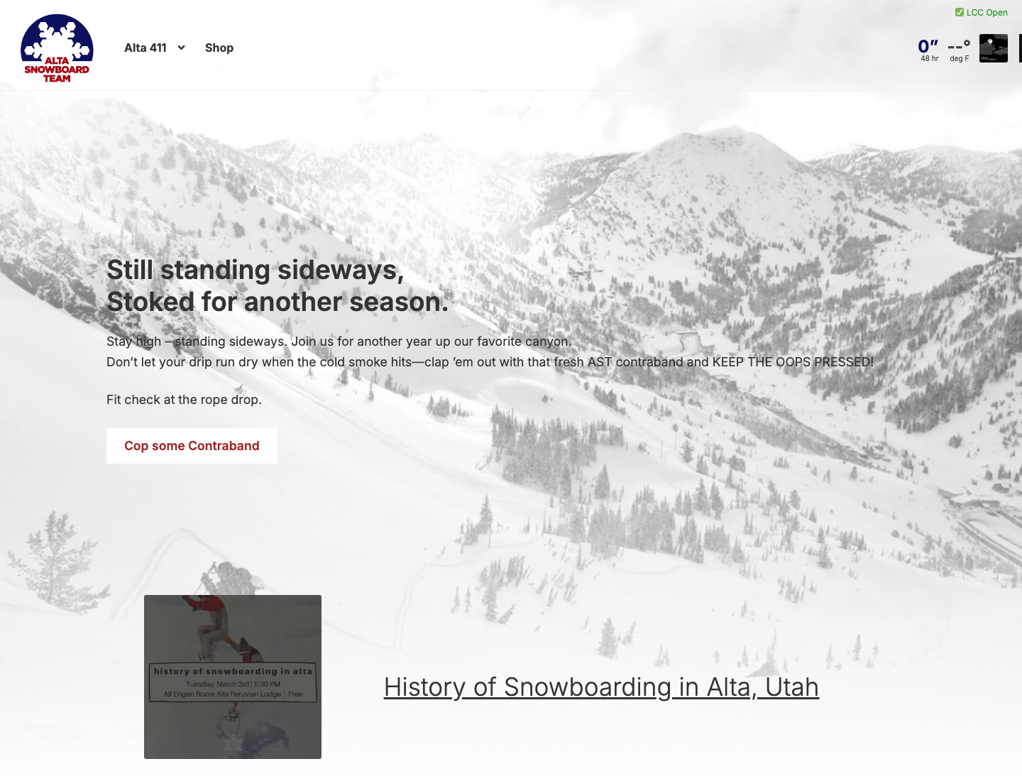 Current Alta Snowboard Team homepage with its seasonal campaign over an Alta mountain backdrop